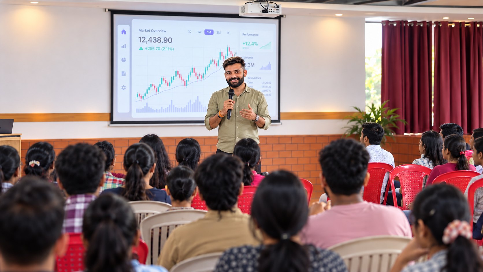 Rahuul R Patel teaching a classroom with a live chart on screen